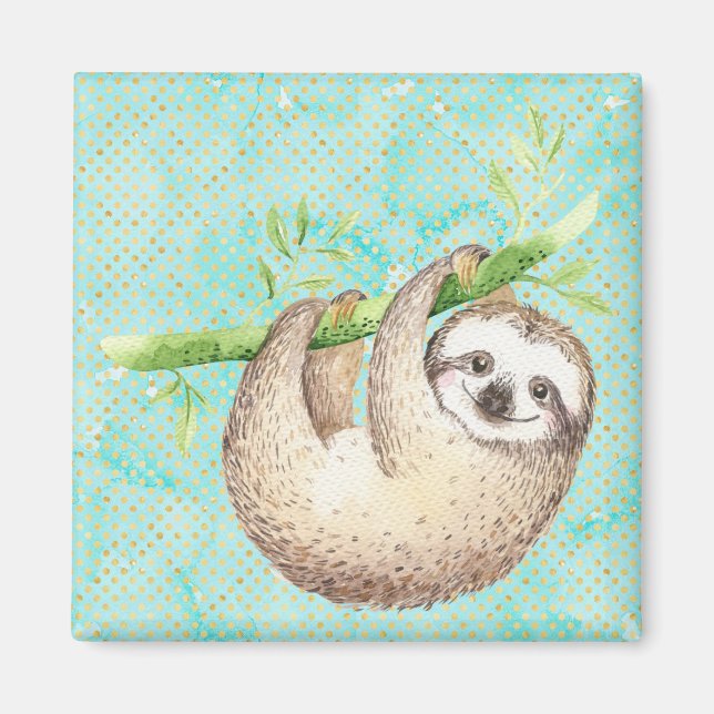 Watercolor Lycklig Sloth Magnet (Framsidan)