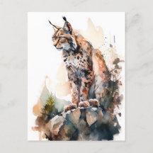 Watercolor Lynx Sitta på Sten