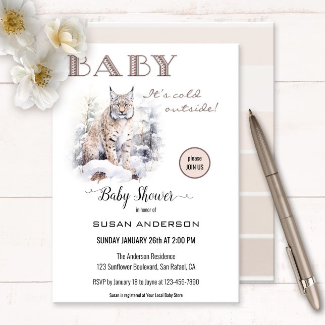 Watercolor Lynx Winter Baby Shower Inbjudningar (A watercolor baby shower invitation featuring a lynx in snow. Beautiful for cat and nature lovers)