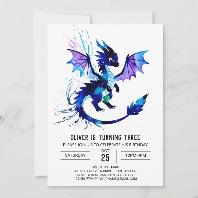 Watercolor Magic Dragon Digital Boy Birthday Inbjudningar (Framsida)