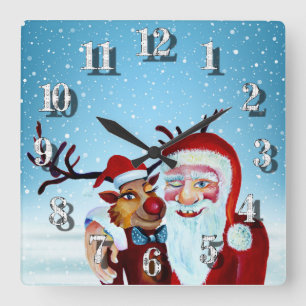 Watercolor Magic Jultomten Smiling Rudolph Fyrkantig Klocka