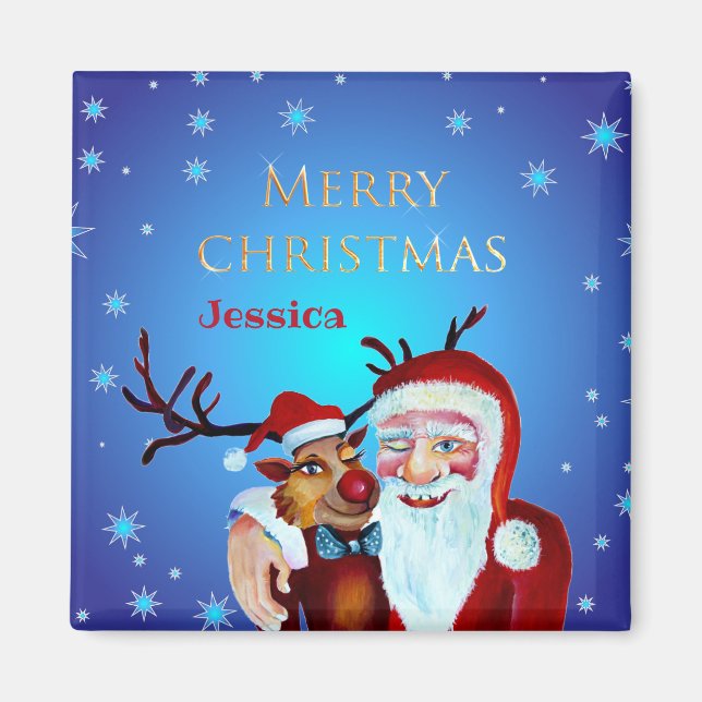 Watercolor Magic Jultomten Smiling Rudolph Magnet (Framsidan)