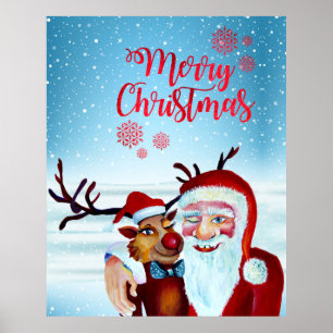 Watercolor Magic Jultomten Smiling Rudolph Poster