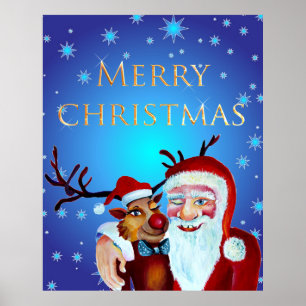Watercolor Magic Jultomten Smiling Rudolph Poster