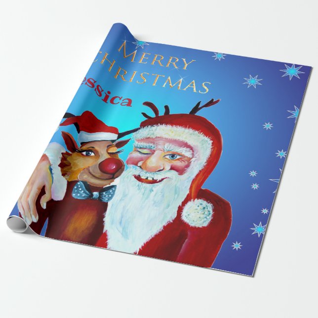 Watercolor Magic Jultomten Smiling Rudolph Presentpapper (Utrullad)