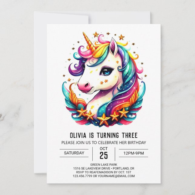 Watercolor Magic Unicorn Birthday Inbjudningar (Framsida)