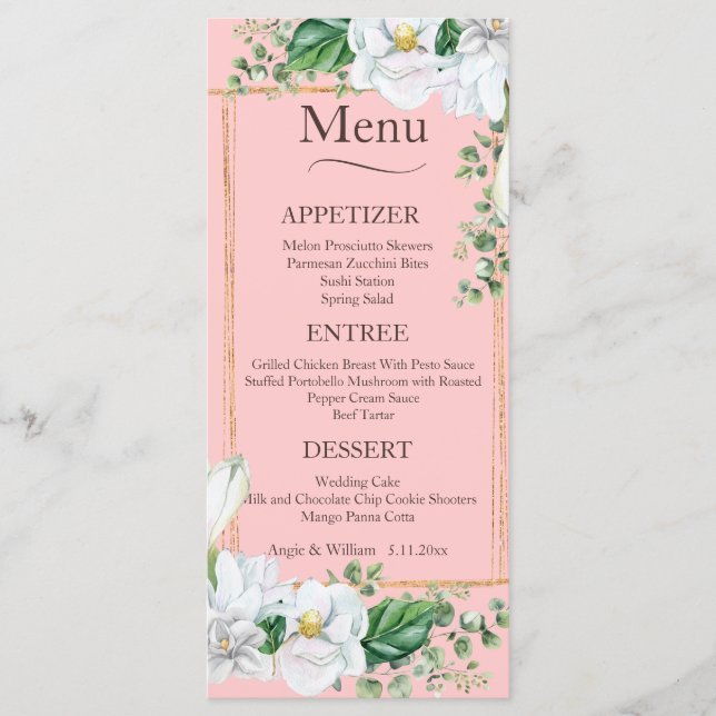 Watercolor Magnolia  Bröllop Menu Meny (Framsida)