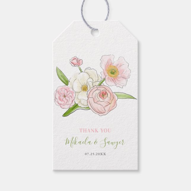 Watercolor Magnolia och Peonies Bröllop Tack Presentetikett (Framsidan)