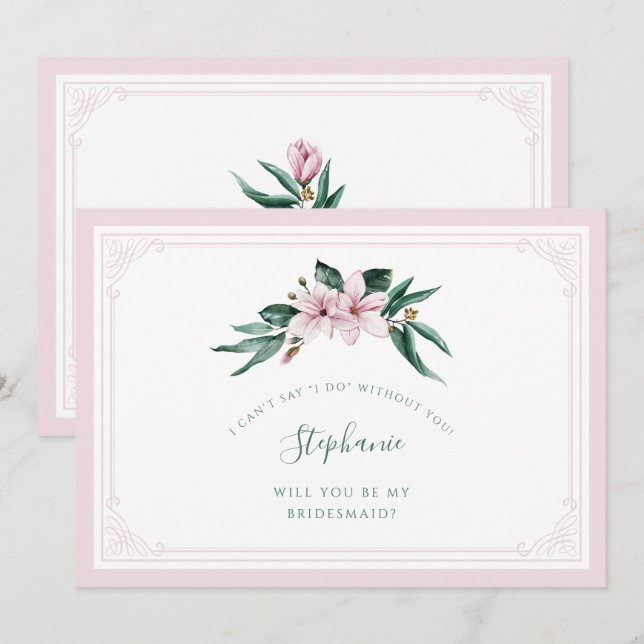 Watercolor Magnolia Rosa Blommigt Bridesmaid Inbjudningar (Fram/baksida)