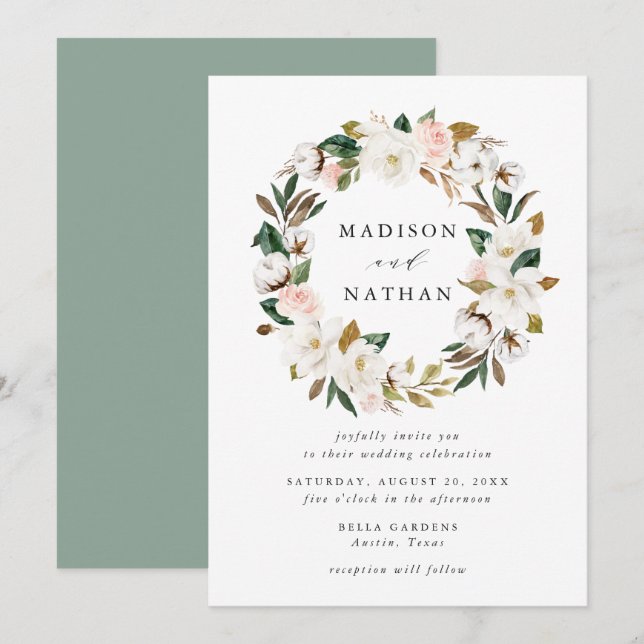 Watercolor Magnolias | Blommig Krans Bröllop Inbjudningar (Fram/baksida)