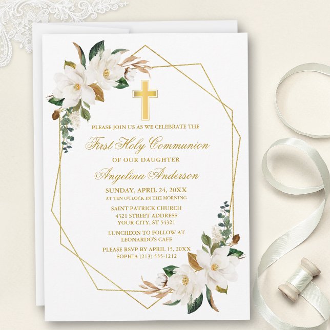 Watercolor Magnolias Geo Ram Guld, kommun Inbjudningar (Customize to change text color, size, style or to add photos or more text to back of card.)