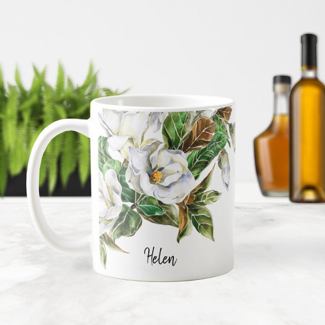 ☕ Watercolor Magnolias Namn eller Monogram Kaffemugg (☕ Watercolor Magnolias Name or Monogram Coffee Mug
)