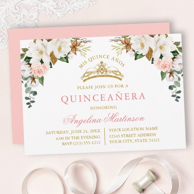 Watercolor Magnolias Pink Roses Gold Quinceanera Inbjudningar (Customize to change text color, text style or color of back of card.)