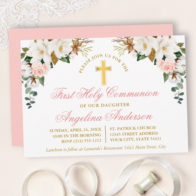 Watercolor Magnolias Ro First Communion Guld Inbjudningar (Customize to change text color, size, style or to change color of back of card.)
