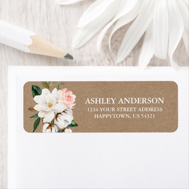 Watercolor Magnolias Ro Returadress Kraft Etikett (Insitu)