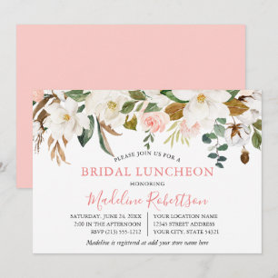 Watercolor Magnolias Rosa ros Möhippa Luncheon Inbjudningar