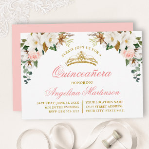 Watercolor Magnolias Rosa ros Quinceanera Inbjudningar
