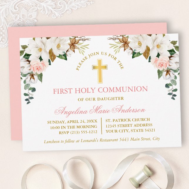 Watercolor Magnolias Roses Gold Communion Inbjudningar (Customize to change text color, text style or color of back of card.)