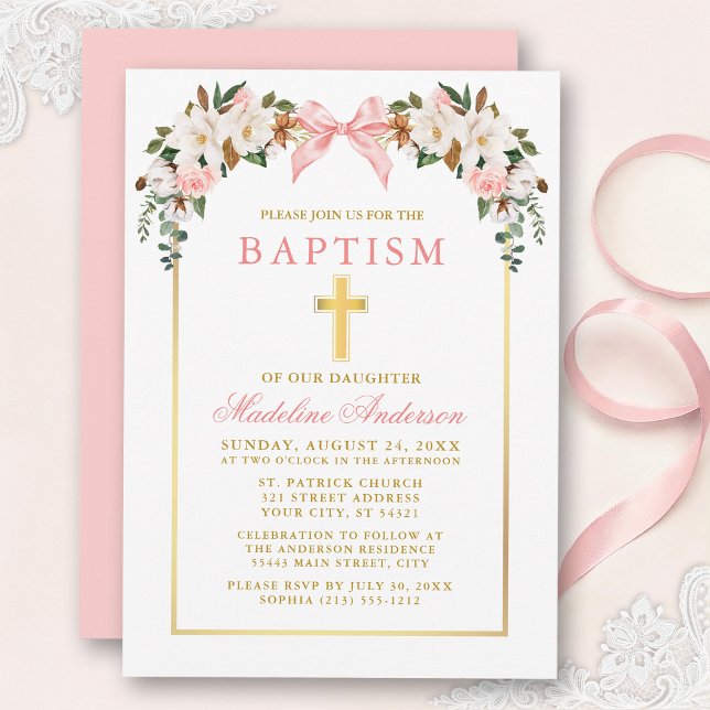 Watercolor Magnolias Roses Pink Bow Gold Baptism Inbjudningar (Customize to change text size, text style or color of back or card.)