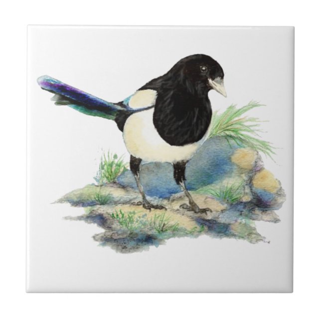 Watercolor Magpie Bird Wildlife Art Kakelplatta (Framsidan)