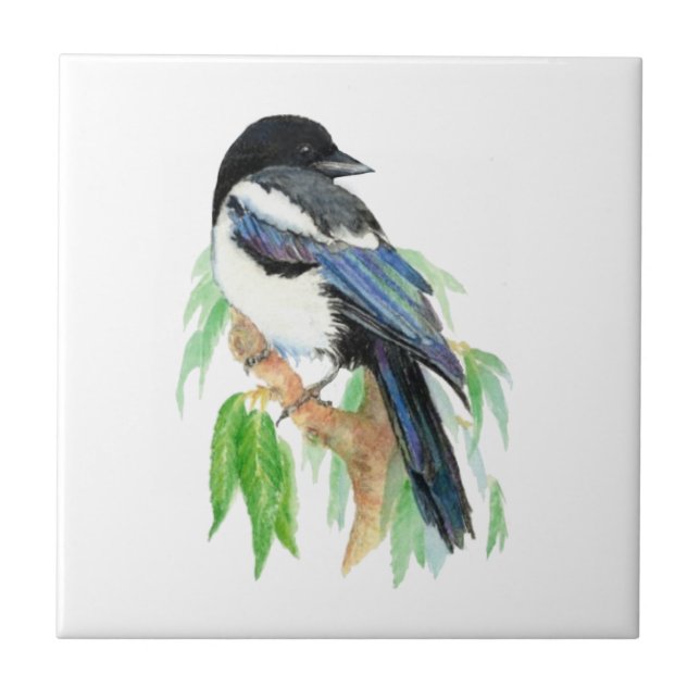 Watercolor Magpie Bird & Willow Träd Kakelplatta (Framsidan)
