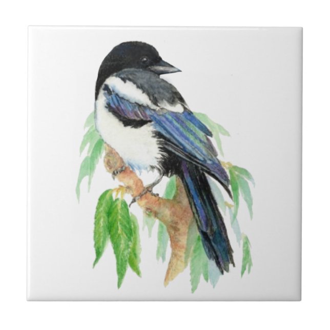 Watercolor Magpie Garden Bird art Kakelplatta (Framsidan)