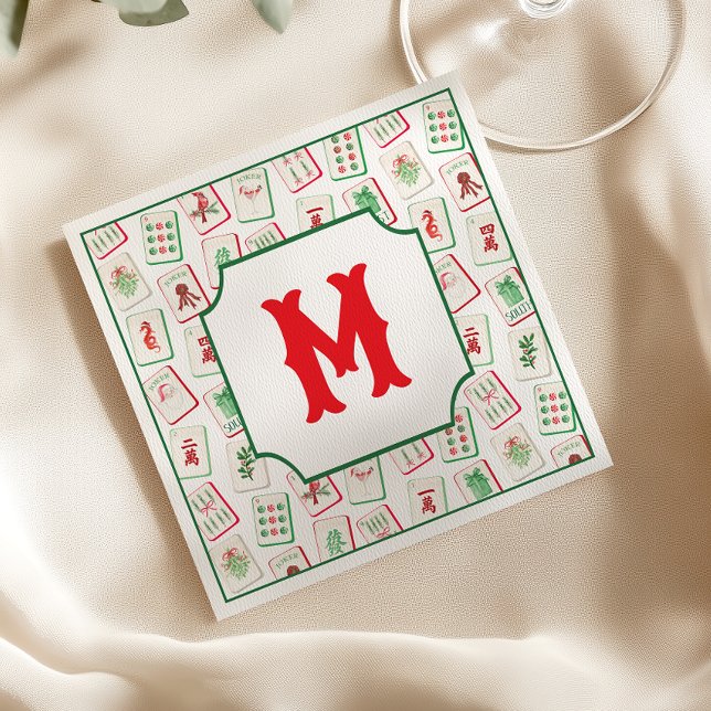 Watercolor Mahjong Red & Green Christmas  Monogram Pappersservett (Skapare uppladdad)