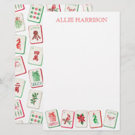 Watercolor Mahjong Red & Green Christmas Tiles Brevpapper