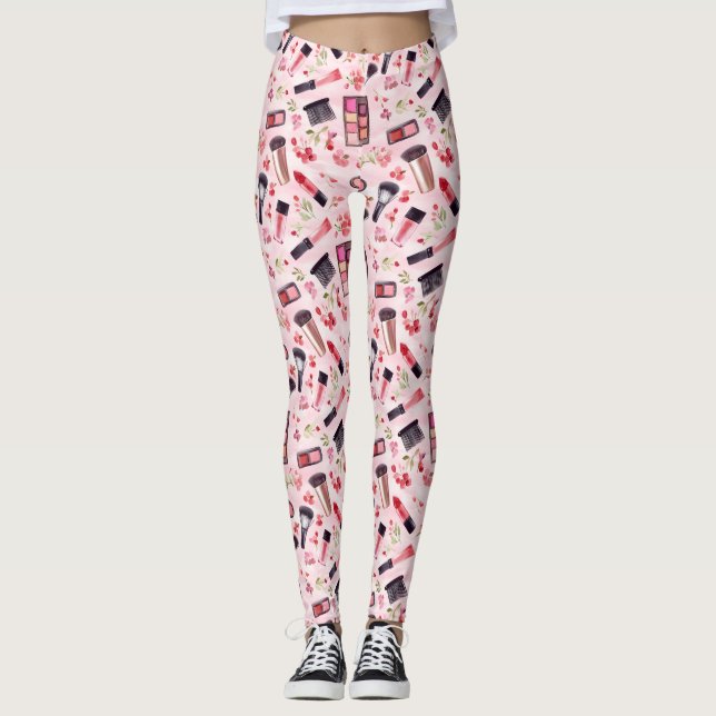 Watercolor Makeup Pattern with Pink Florals Leggings (Framsida)