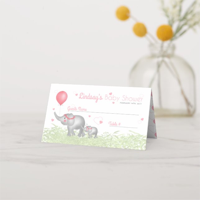 Watercolor Mamma & Baby Elephants Rosa Heart Mönst Placeringskort (Framsida)