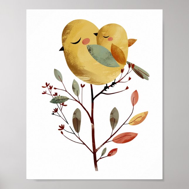 Watercolor Mamma Bird & Chick Whimsical Nursery Ro Poster (Framsidan)