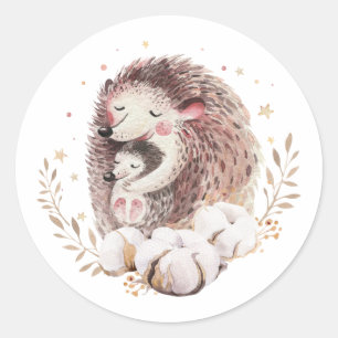 Watercolor Mamma och Baby Hedgehog Woodland Runt Klistermärke