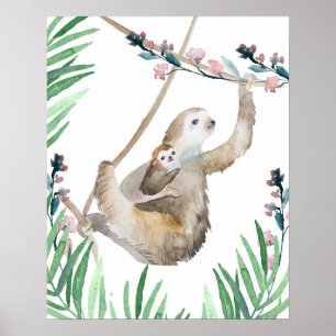 Watercolor mamma och baby Sloth Poster