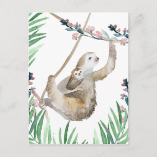 Watercolor Mamma och Baby Sloth Vykort