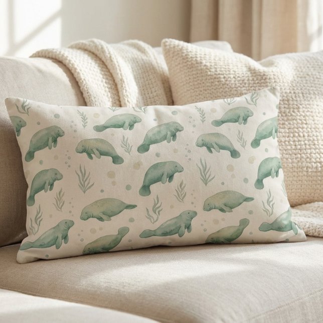 Watercolor Manatee Throw Pillow Lumbarkudde (watercolor throw pillow with manatee pattern on neutral sofa)