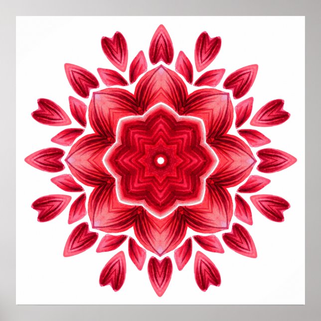 Watercolor Mandala Art - Röd ros Petals Flower Poster (Framsidan)