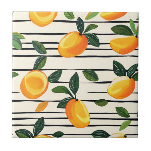 Watercolor Mango Mönster med Grönt Löv Kakelplatta