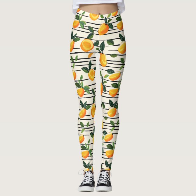 Watercolor Mango Mönster med Grönt Löv Leggings (Framsida)