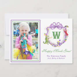Watercolor Mardi Gras Animals Monogram Crest Photo Julkort