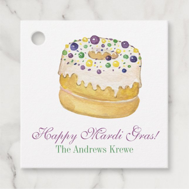 Watercolor Mardi Gras Kung Cake Gåvor Etiketter (Framsida)
