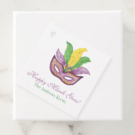 Watercolor Mardi Gras Mask Kung Cake Krona Gåvor Etiketter