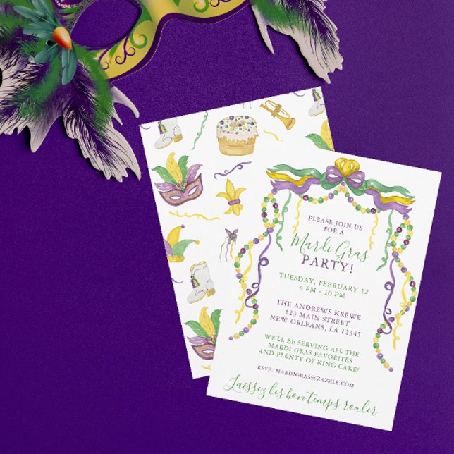 Watercolor Mardi Gras Mask Kung Cake Krona Party Inbjudningar (Skapare uppladdad)