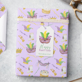 Watercolor Mardi Gras Mask Kung Cake Krona Presentetikett