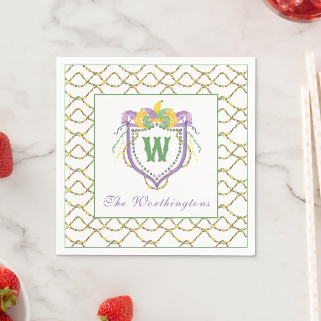 Watercolor Mardi Gras Monogram Crest Pappersservett (Skapare uppladdad)