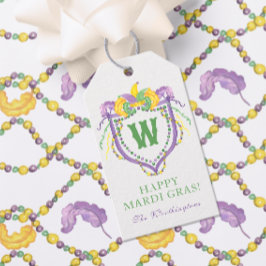 Watercolor Mardi Gras Monogram Crest Presentetikett