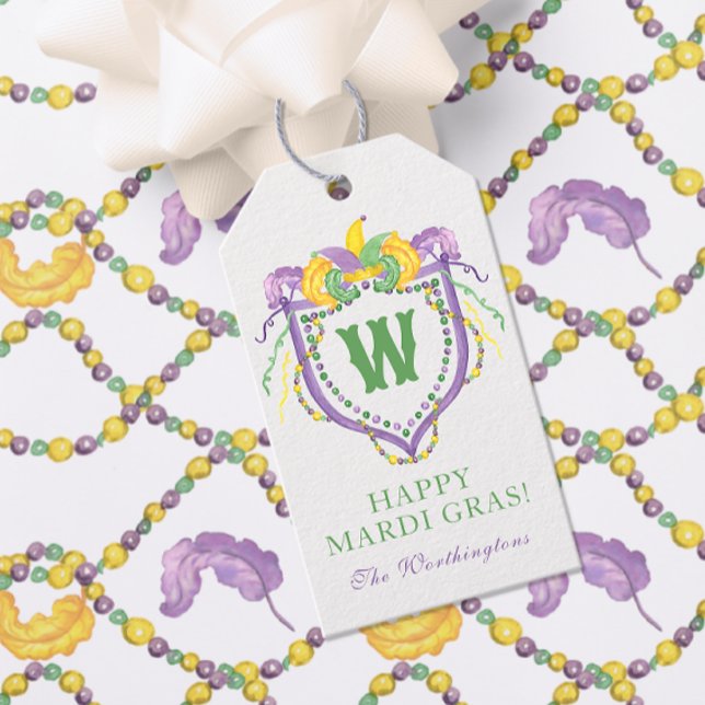Watercolor Mardi Gras Monogram Crest Presentetikett (Skapare uppladdad)