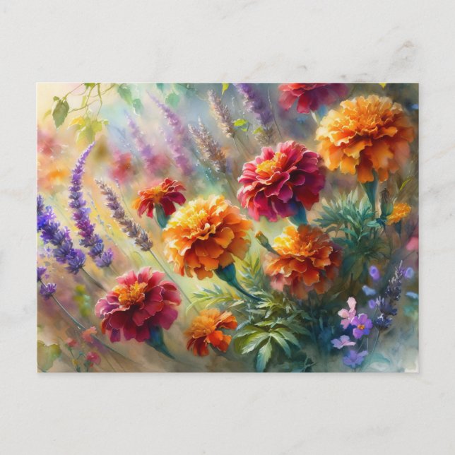Watercolor Marigolds och Lavender Garden Vykort (Framsida)
