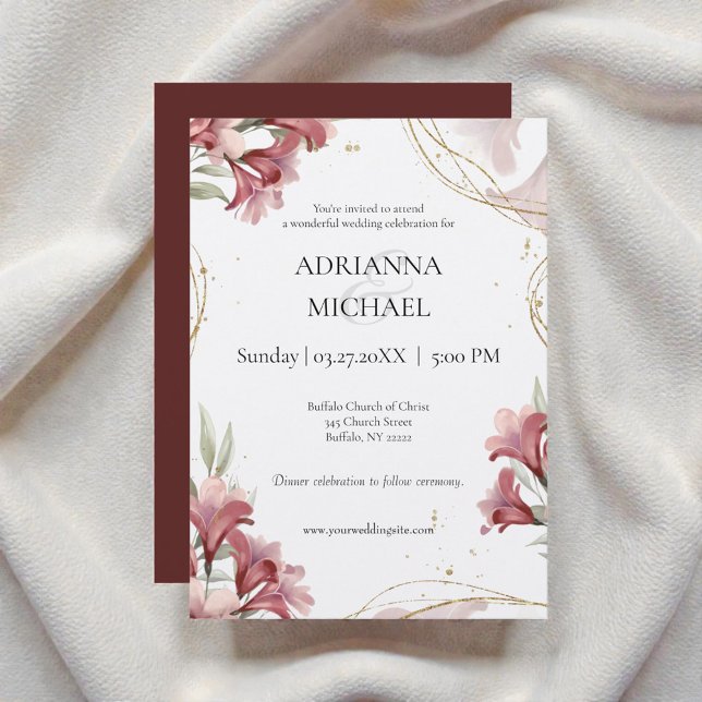 Watercolor Maroon Floral Wedding Invitation Inbjudningar (Skapare uppladdad)