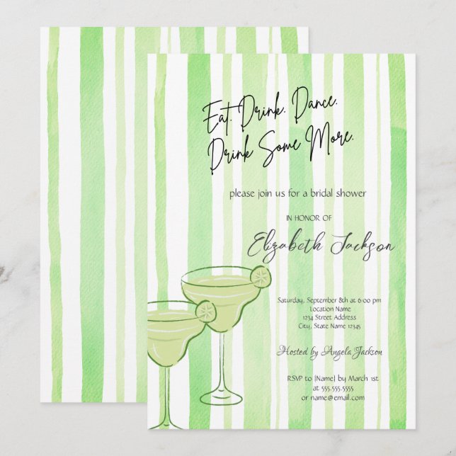 Watercolor Martini Gröna Ränder Bröllopsdusch Inbjudningar (Fram/baksida)