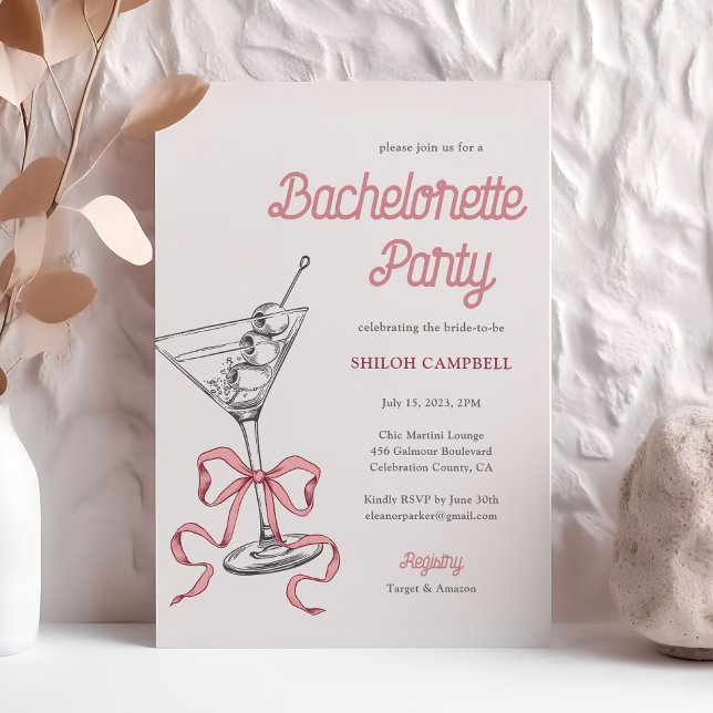 Watercolor Martini Rosa Bow Bachelorette Inbjudningar (Skapare uppladdad)